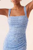 Sky Blue Bodycon Square Neck Sequin Party Dress with Slit