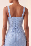Sky Blue Bodycon Square Neck Sequin Party Dress with Slit