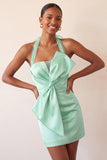 Halter Bodycon Mint Green Satin Lace Up Back Cocktail Dress with Bow