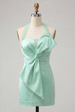 Halter Bodycon Mint Green Satin Lace Up Back Cocktail Dress with Bow