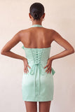 Halter Bodycon Mint Green Satin Lace Up Back Cocktail Dress with Bow