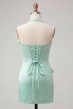 Halter Bodycon Mint Green Satin Lace Up Back Cocktail Dress with Bow