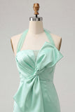 Halter Bodycon Mint Green Satin Lace Up Back Cocktail Dress with Bow