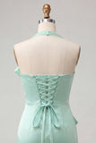 Halter Bodycon Mint Green Satin Lace Up Back Cocktail Dress with Bow