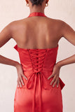 Halter Bodycon Mint Green Satin Lace Up Back Cocktail Dress with Bow