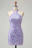 Light Purple Halter Bodycon Party Dress with Sequins
