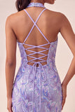 Light Purple Halter Bodycon Party Dress with Sequins