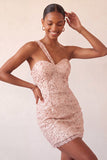 One Shoulder Champagne Bodycon Lace Up Back Cocktail Dress with Sequins