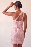 One Shoulder Champagne Bodycon Lace Up Back Cocktail Dress with Sequins