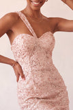 One Shoulder Champagne Bodycon Lace Up Back Cocktail Dress with Sequins