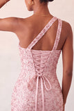 One Shoulder Champagne Bodycon Lace Up Back Cocktail Dress with Sequins
