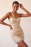 One Shoulder Champagne Bodycon Lace Up Back Cocktail Dress with Sequins