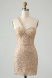 One Shoulder Champagne Bodycon Lace Up Back Cocktail Dress with Sequins