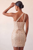 One Shoulder Champagne Bodycon Lace Up Back Cocktail Dress with Sequins
