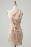 One Shoulder Champagne Bodycon Lace Up Back Cocktail Dress with Sequins