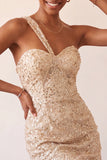 One Shoulder Champagne Bodycon Lace Up Back Cocktail Dress with Sequins