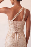 One Shoulder Champagne Bodycon Lace Up Back Cocktail Dress with Sequins