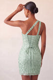 One Shoulder Champagne Bodycon Lace Up Back Cocktail Dress with Sequins