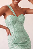 One Shoulder Champagne Bodycon Lace Up Back Cocktail Dress with Sequins