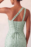 One Shoulder Champagne Bodycon Lace Up Back Cocktail Dress with Sequins