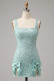 Bodycon Mint Green Sequins Lace Up Back Party Dress with Bows