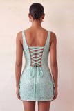 Bodycon Mint Green Sequins Lace Up Back Party Dress with Bows