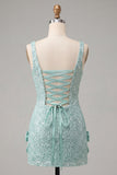 Bodycon Mint Green Sequins Lace Up Back Party Dress with Bows