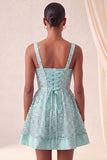 Sky Blue A-Line Square Neck Lace Up Back Sequins Graduation Dress with Bow