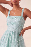 Sky Blue A-Line Square Neck Lace Up Back Sequins Graduation Dress with Bow