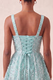 Sky Blue A-Line Square Neck Lace Up Back Sequins Graduation Dress with Bow