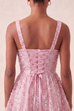 Sky Blue A-Line Square Neck Lace Up Back Sequins Graduation Dress with Bow