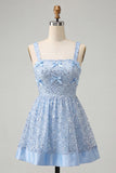 Sky Blue A-Line Square Neck Lace Up Back Sequins Graduation Dress with Bow