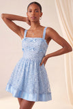Sky Blue A-Line Square Neck Lace Up Back Sequins Graduation Dress with Bow