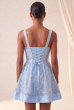 Sky Blue A-Line Square Neck Lace Up Back Sequins Graduation Dress with Bow