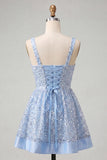 Sky Blue A-Line Square Neck Lace Up Back Sequins Graduation Dress with Bow