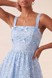 Sky Blue A-Line Square Neck Lace Up Back Sequins Graduation Dress with Bow