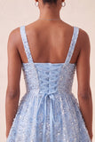 Sky Blue A-Line Square Neck Lace Up Back Sequins Graduation Dress with Bow
