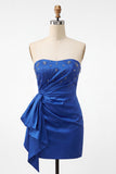 Royal Blue Strapless Beaded Bodycon Mini Cocktail Dress with Sash