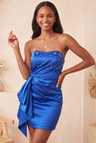 Royal Blue Strapless Beaded Bodycon Mini Cocktail Dress with Sash