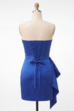 Royal Blue Strapless Beaded Bodycon Mini Cocktail Dress with Sash