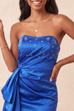 Royal Blue Strapless Beaded Bodycon Mini Cocktail Dress with Sash