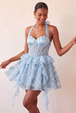 Halter A-Line Mint Green Sheer Corset Party Dress with Ruffles