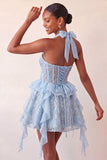 Halter A-Line Mint Green Sheer Corset Party Dress with Ruffles