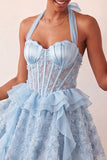 Halter A-Line Mint Green Sheer Corset Party Dress with Ruffles