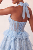 Halter A-Line Mint Green Sheer Corset Party Dress with Ruffles