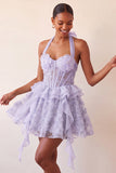 Halter A-Line Mint Green Sheer Corset Party Dress with Ruffles