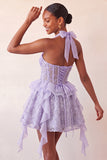 Halter A-Line Mint Green Sheer Corset Party Dress with Ruffles