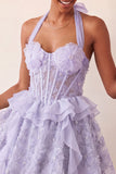 Halter A-Line Mint Green Sheer Corset Party Dress with Ruffles