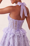 Halter A-Line Mint Green Sheer Corset Party Dress with Ruffles