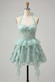 Halter A-Line Mint Green Sheer Corset Party Dress with Ruffles